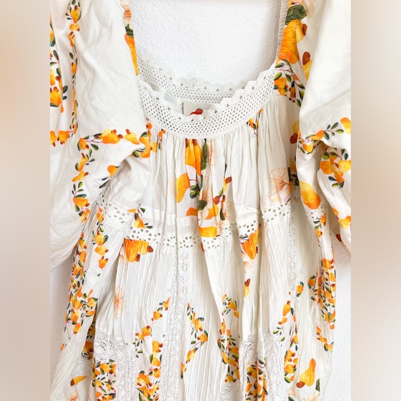 NWOT Farm Rio Cashew Puff-Sleeve Mini Dress Oversize Crochet Trim Boho XL - Picture 10 of 17